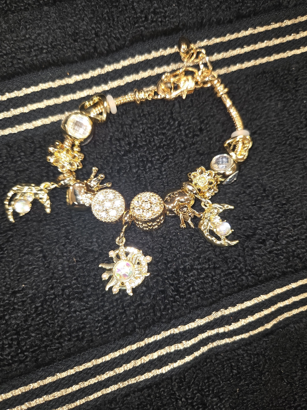 Gold Charm Bracelet with Sparkling Sun & Moon and Pearl Accents